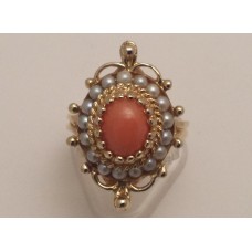 SOLD  14ct GOLD, CORAL and SEED PEARL RING