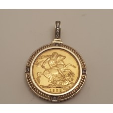 SOLD  GOLD SOVEREIGN in 9ct GOLD & DIAMOND PENDANT