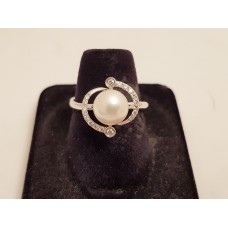 SOLD  18ct WHITE GOLD, PEARL & DIAMOND RING
